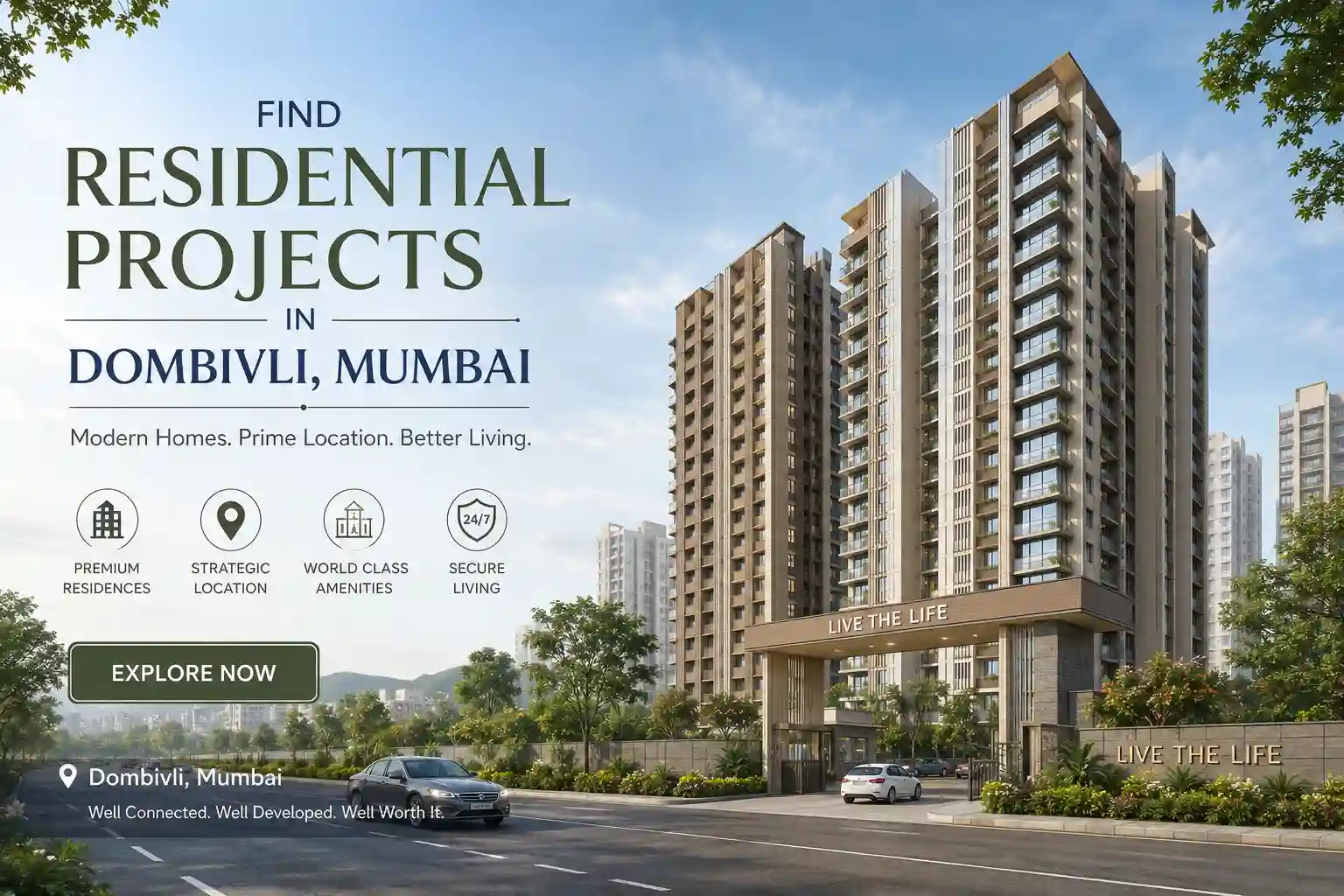 Modern residential skyline of Dombivli featuring new apartments, integrated townships, and green surroundings near Thane and Navi Mumbai
